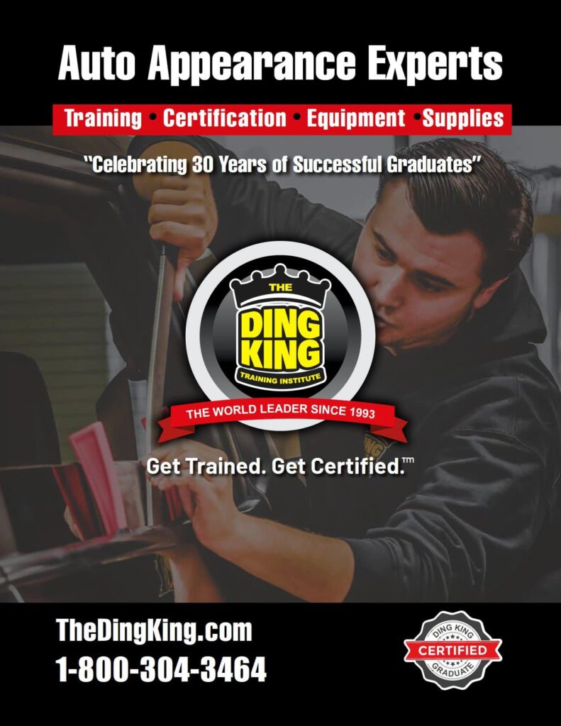 Man performing auto repair with tools in front of Ding King Training Institute banner; text includes alloy wheel repair training, certification, equipment, supplies, and contact information.