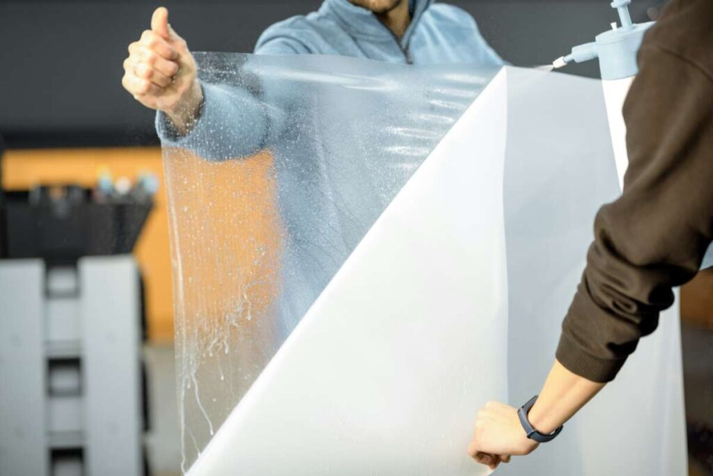 Two people engage in paint protection film training as they carefully apply a sheet of clear film to a large surface, smoothing it with their hands indoors.