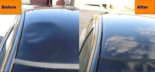 Paintless Dent Repair transformation of a car's hood.
