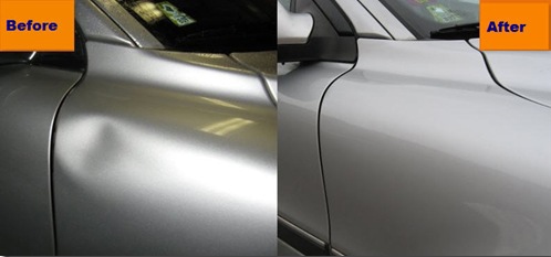 A silver car undergoes a remarkable transformation after a paint job. The process involves the application of specialized techniques taught during certified PDR training, resulting in a flawless finish without any signs of previous