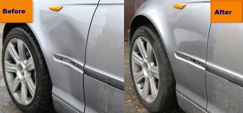 A picture displaying the before and after transformation of a car's exterior using certified paintless dent repair techniques.