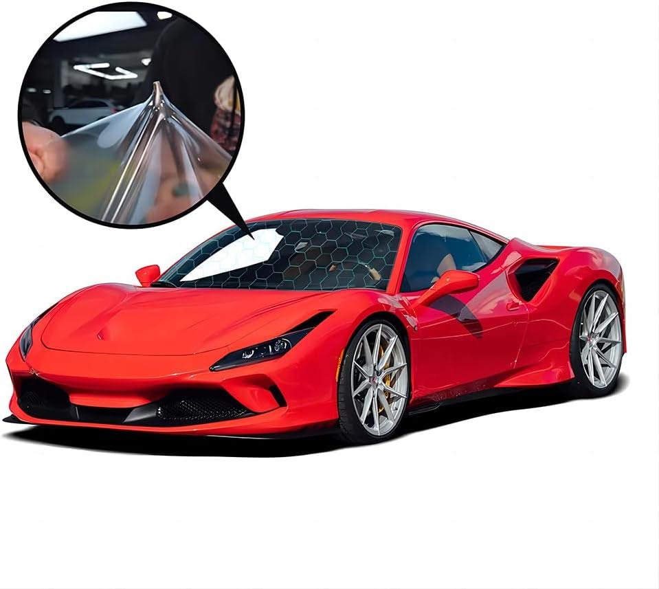 A red sports car with clear protective film, highlighted in a close-up inset, showcasing the precision of paint protection film training.